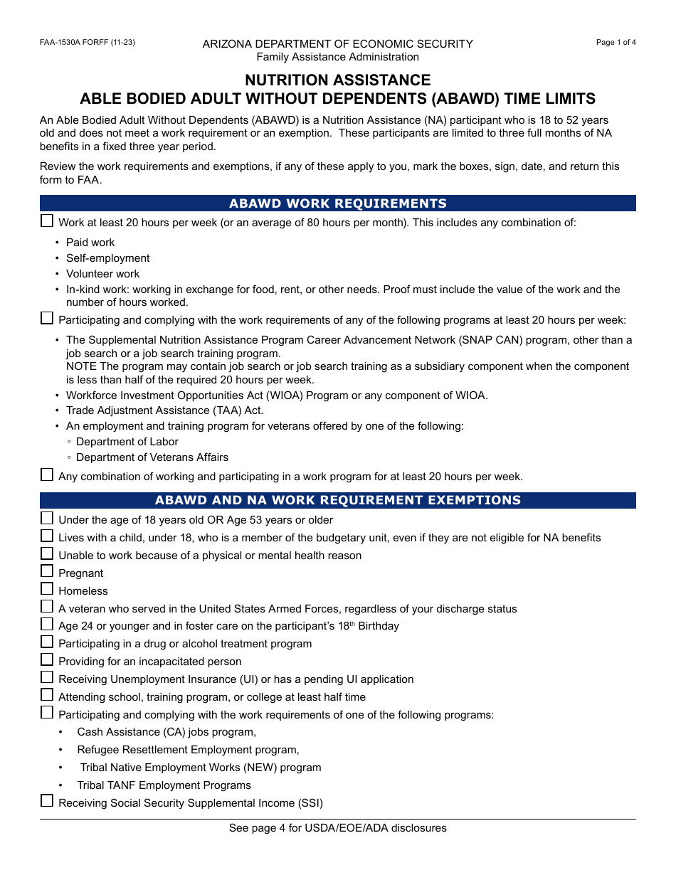 Form FAA-1530A Nutrition Assistance Able Bodied Adult Without Dependents (Abawd) Time Limits - Arizona, Page 1