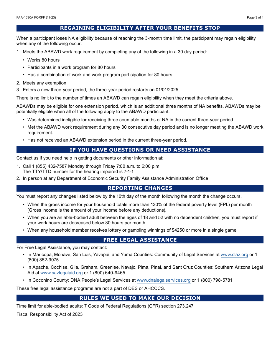Form FAA-1530A Nutrition Assistance Able Bodied Adult Without Dependents (Abawd) Time Limits - Arizona, Page 3