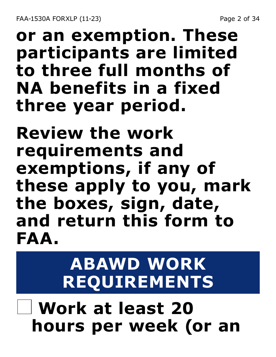 Form FAA-1530A-XLP Nutrition Assistance Able Bodied Adult Without Dependents (Abawd) Time Limits - Extra Large Print - Arizona, Page 2