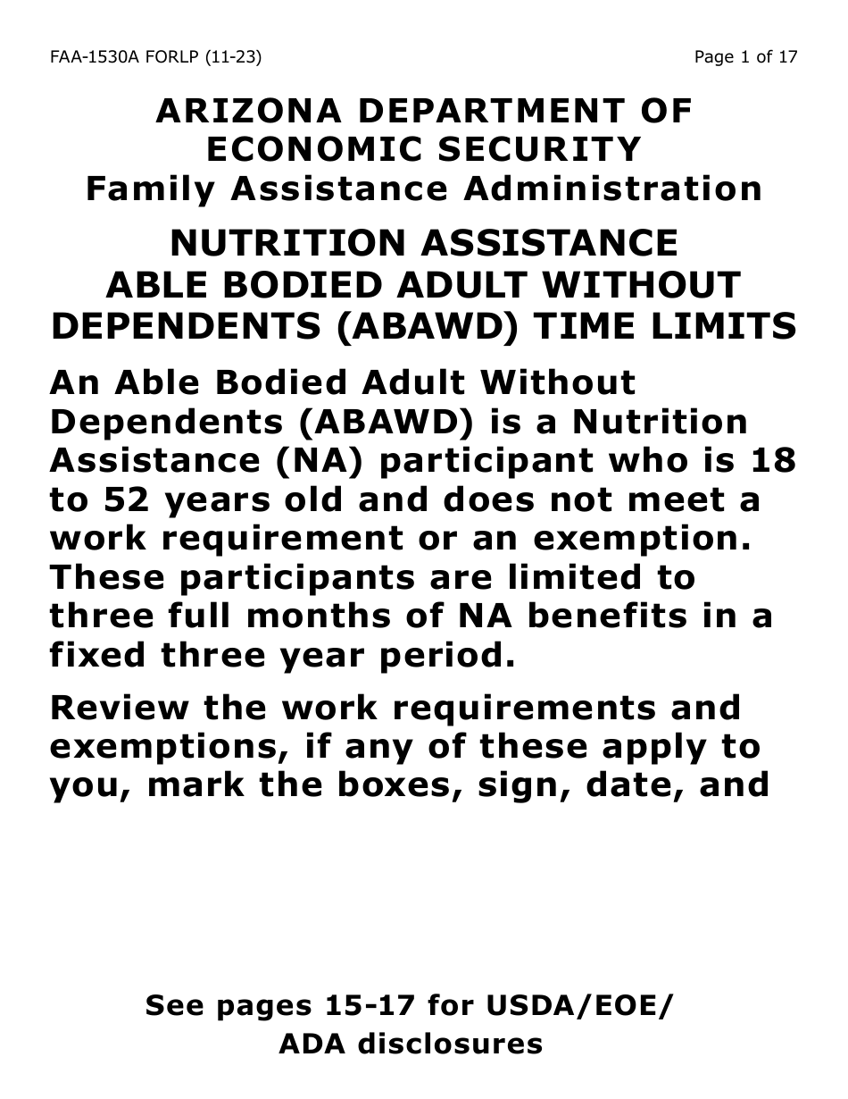 Form FAA-1530A-LP Nutrition Assistance Able Bodied Adult Without Dependents (Abawd) Time Limits - Large Print - Arizona, Page 1
