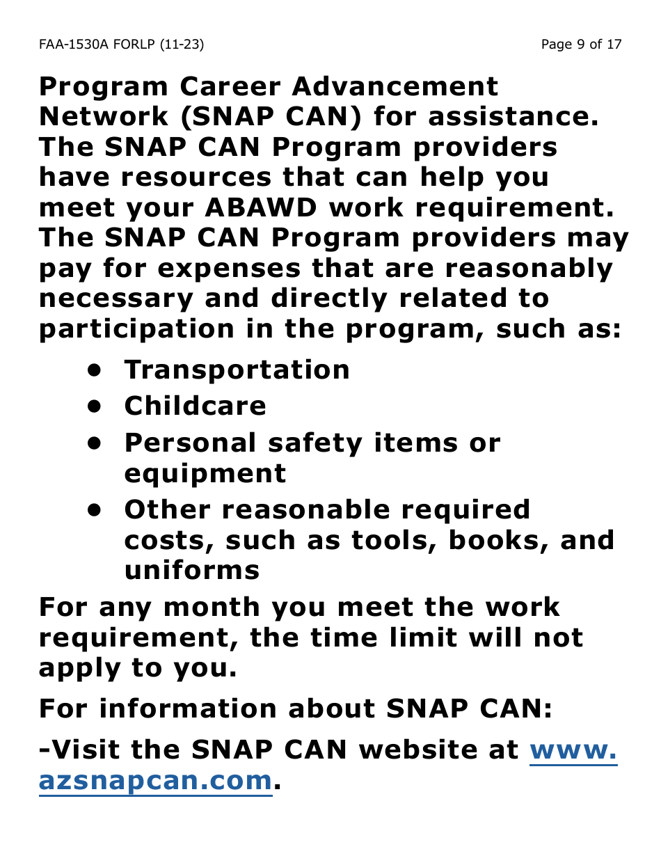 Form FAA-1530A-LP Nutrition Assistance Able Bodied Adult Without Dependents (Abawd) Time Limits - Large Print - Arizona, Page 9