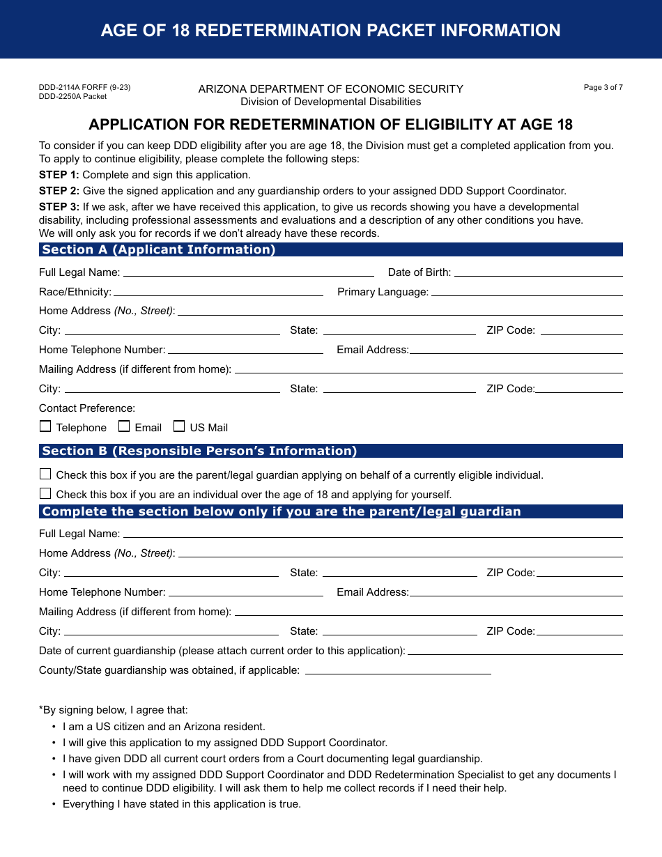 Form DDD-2250A Age 18 Redetermination Packet - Arizona, Page 3