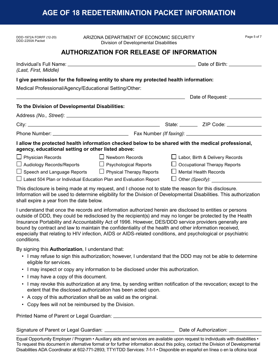 Form DDD-2250A Age 18 Redetermination Packet - Arizona, Page 5