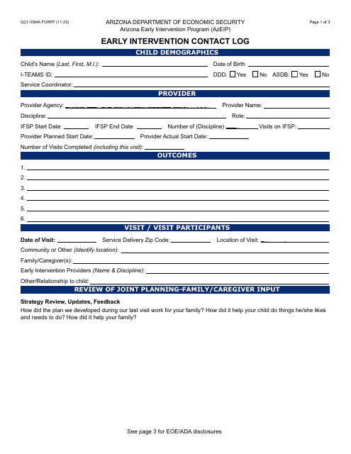 Form GCI-1094A Early Intervention Contact Log - Arizona