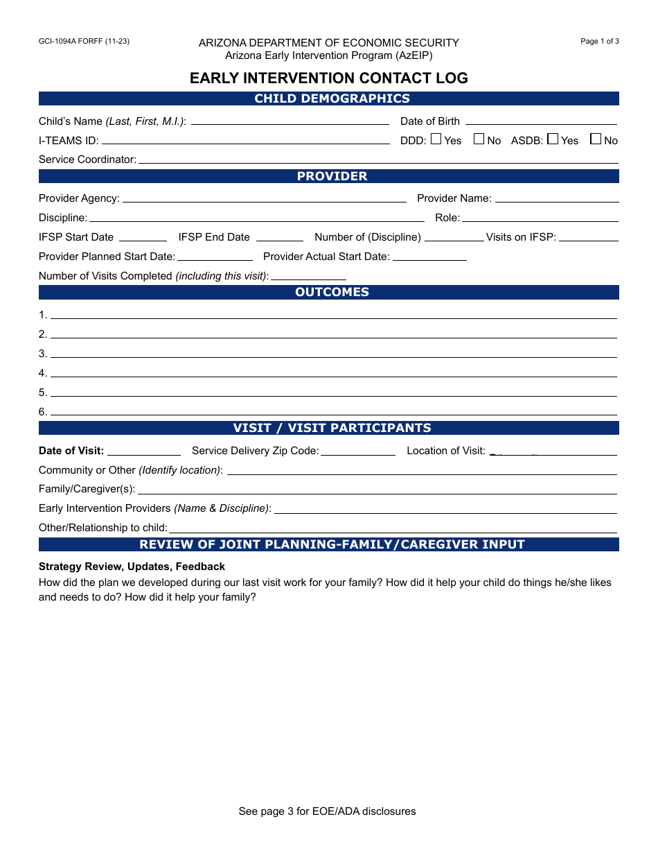 Form GCI-1094A Early Intervention Contact Log - Arizona, Page 1