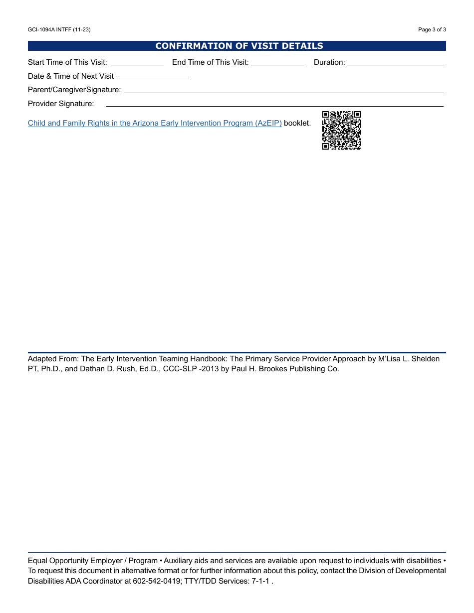 Form GCI-1094A Early Intervention Contact Log - Arizona, Page 3