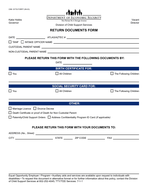 Form CSE-1277A Return Documents Form - Arizona