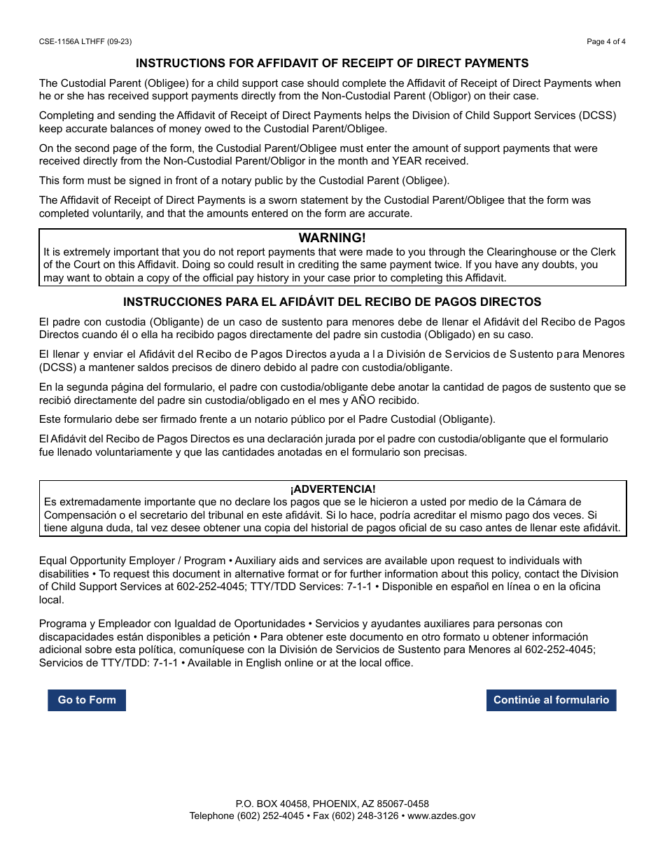 Form CSE-1156A Affidavit of Receipt of Direct Payments - Arizona (English / Spanish), Page 4