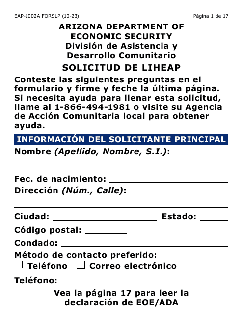 Formulario EAP-1002A-SLP Solicitud De Liheap - Large Print - Arizona (Spanish)