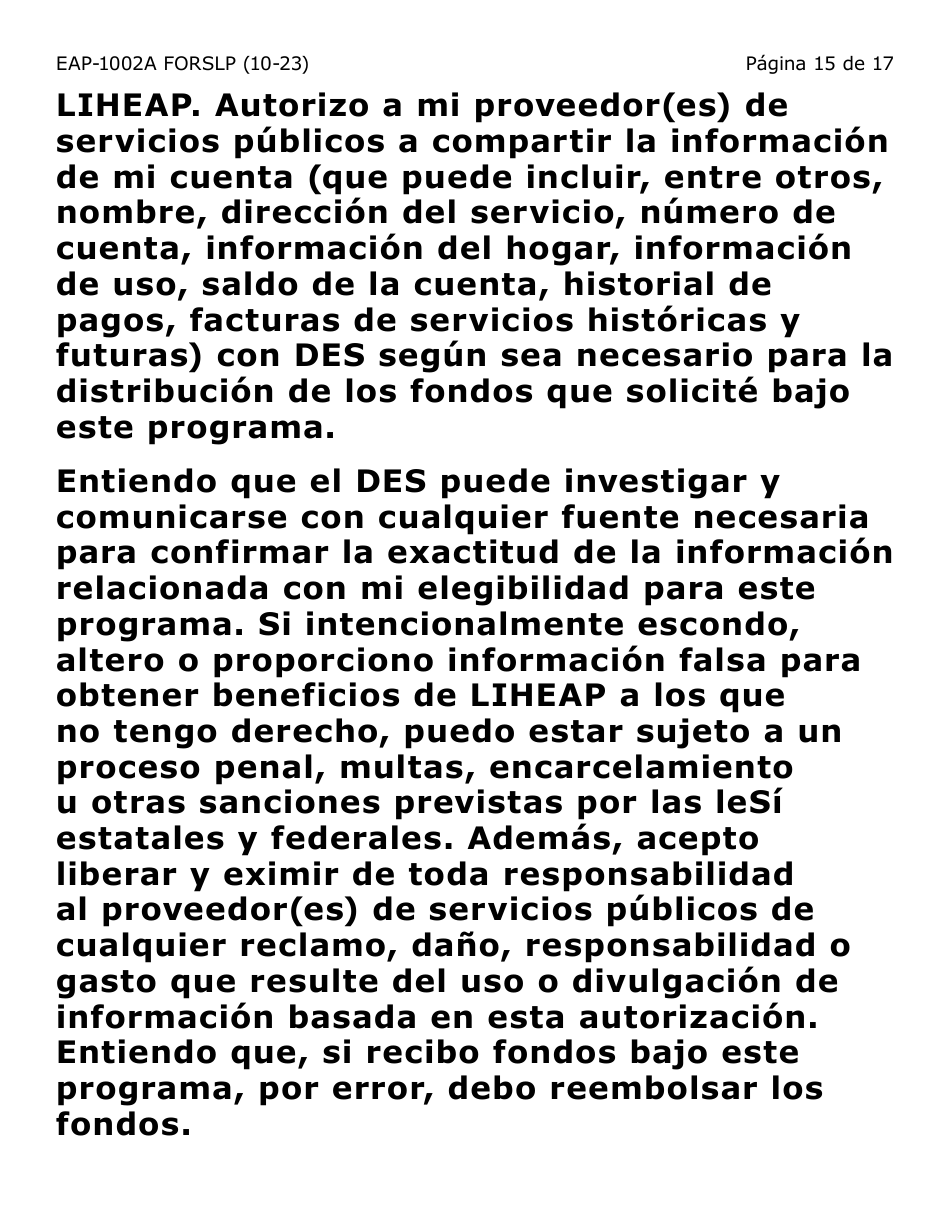 Formulario EAP-1002A-SLP Solicitud De Liheap - Large Print - Arizona (Spanish), Page 15