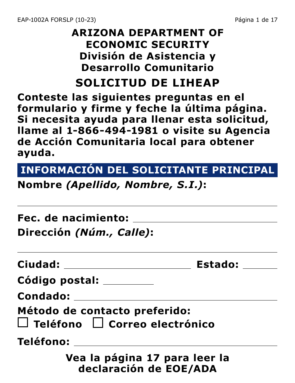 Formulario EAP-1002A-SLP Solicitud De Liheap - Large Print - Arizona (Spanish), Page 1