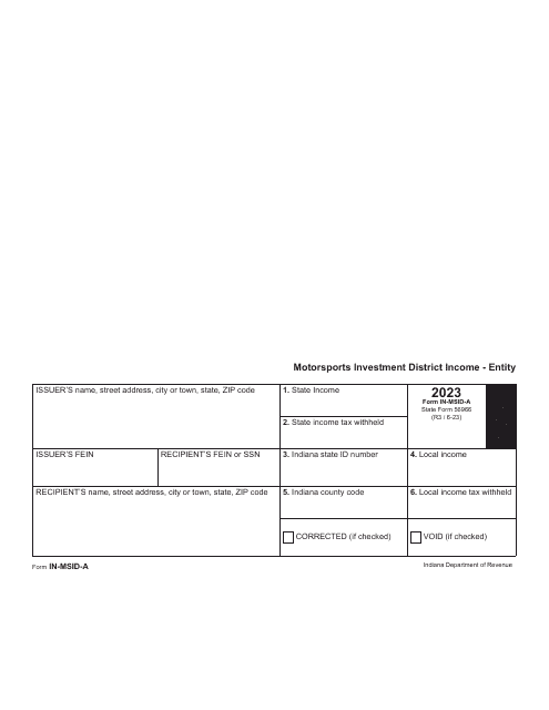 Form IN-MSID-A (State Form 56966) Motorsports Investment District Income - Entity - Indiana, 2023