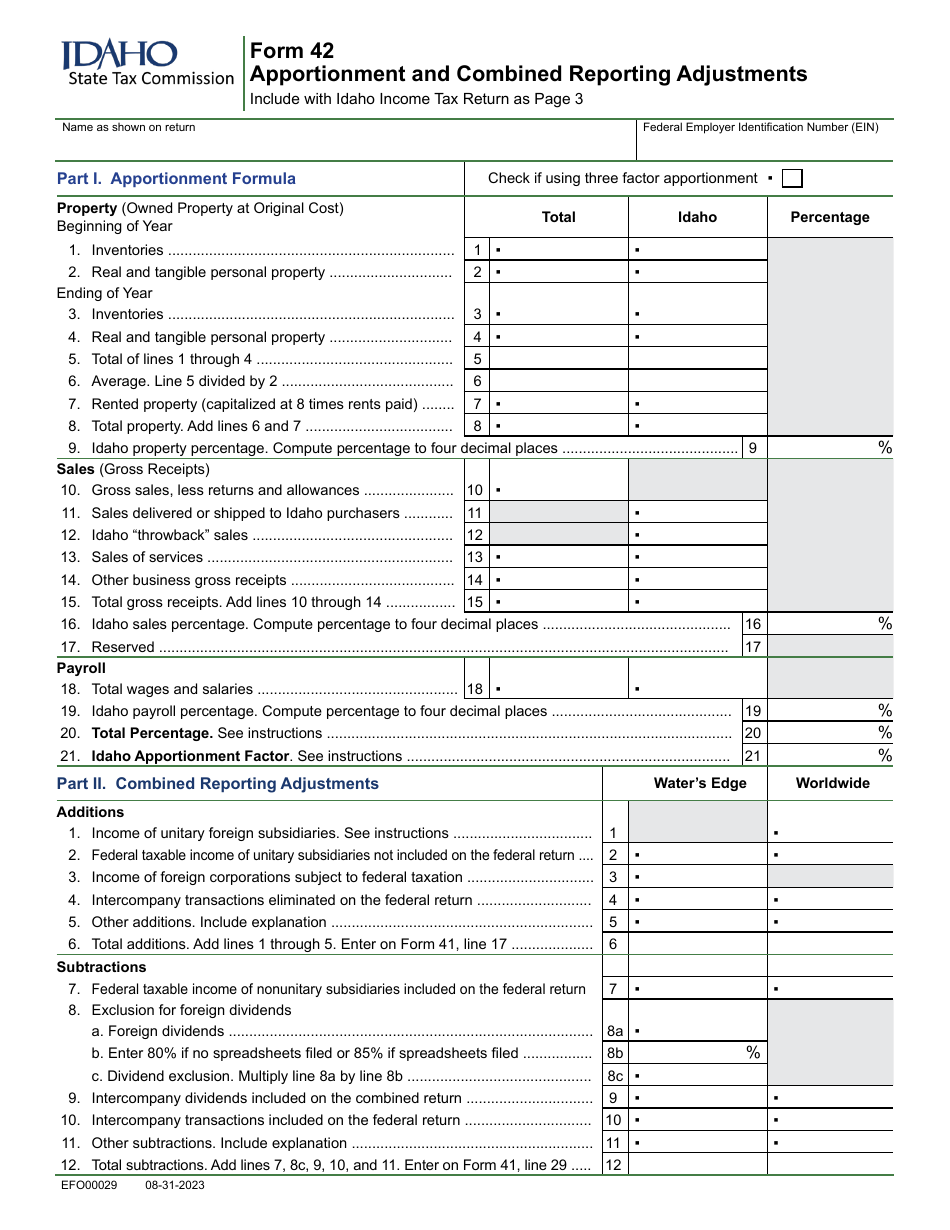 Form 42 (EFO00029) Apportionment and Combined Reporting Adjustments - Idaho, Page 1