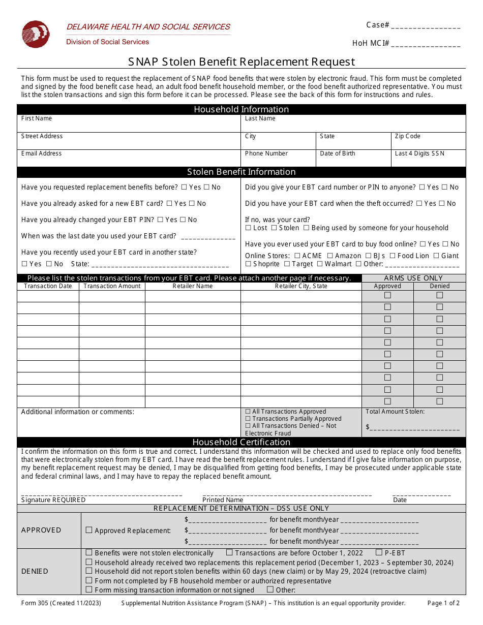 Form 305 Snap Stolen Benefit Replacement Request - Delaware, Page 1