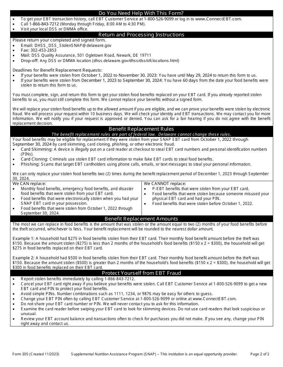 Form 305 Snap Stolen Benefit Replacement Request - Delaware, Page 2