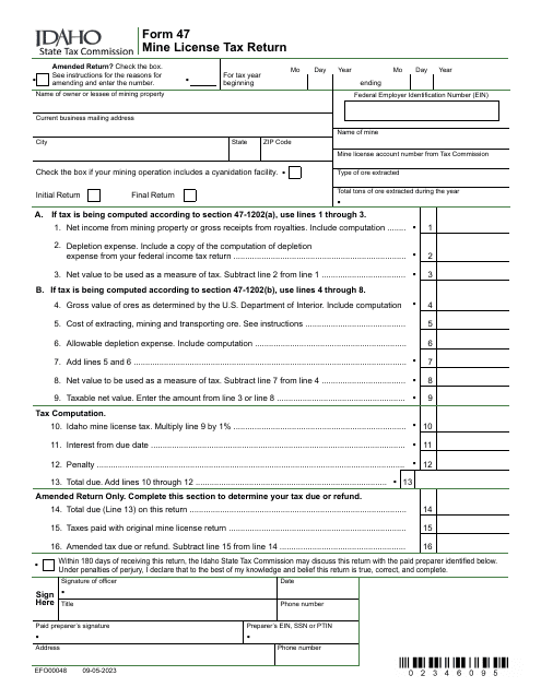 Form 47 (EFO00048) Mine License Tax Return - Idaho