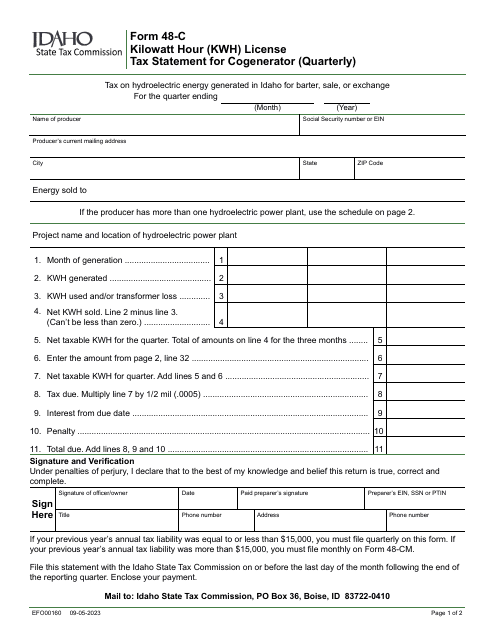 Form 48-C (EFO00160) Kilowatt Hour (Kwh) License Tax Statement for Cogenerator (Quarterly) - Idaho