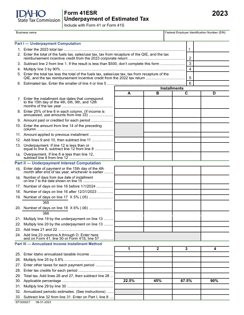 Form 41ESR (EFO00027) Underpayment of Estimated Tax - Idaho, 2023