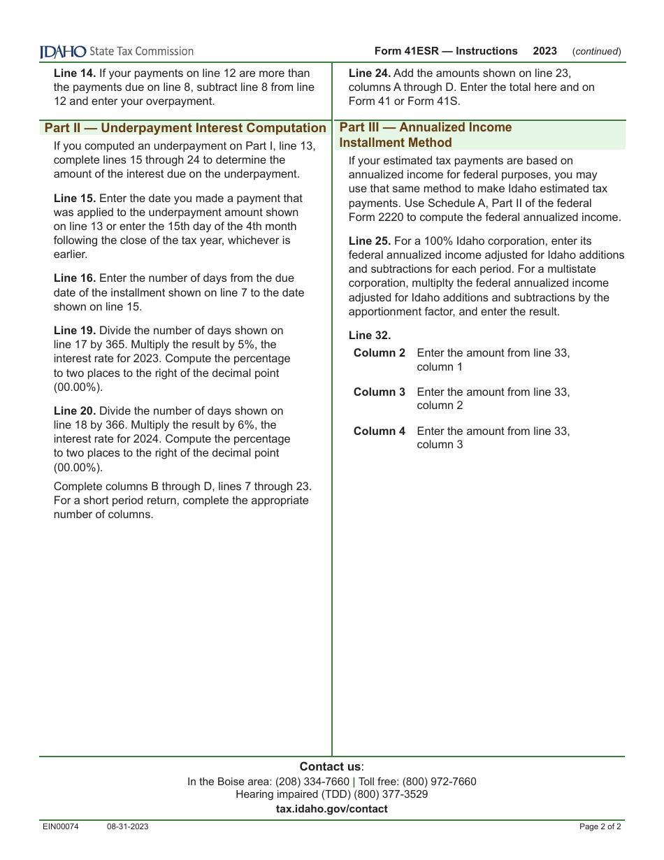 Form 41ESR (EFO00027) Underpayment of Estimated Tax - Idaho, Page 3