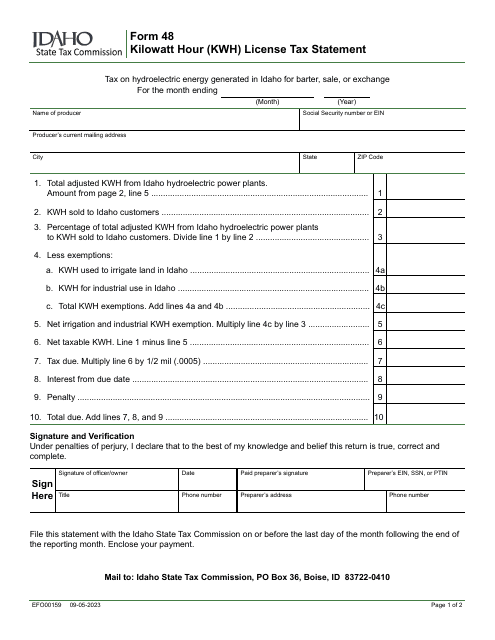 Form 48 (EFO00159) Kilowatt Hour (Kwh) License Tax Statement - Idaho