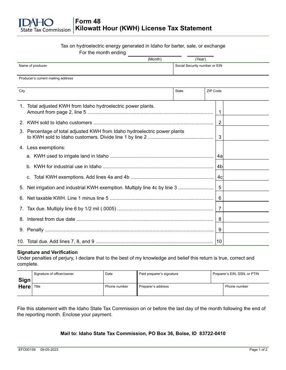 Form 48 (EFO00159) Kilowatt Hour (Kwh) License Tax Statement - Idaho, Page 1