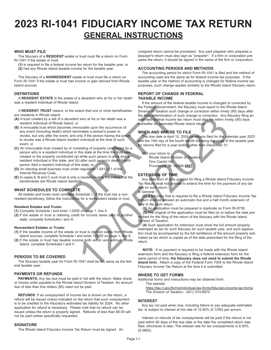 Instructions for Form RI-1041 Fiduciary Income Tax Return - Draft - Rhode Island, Page 1