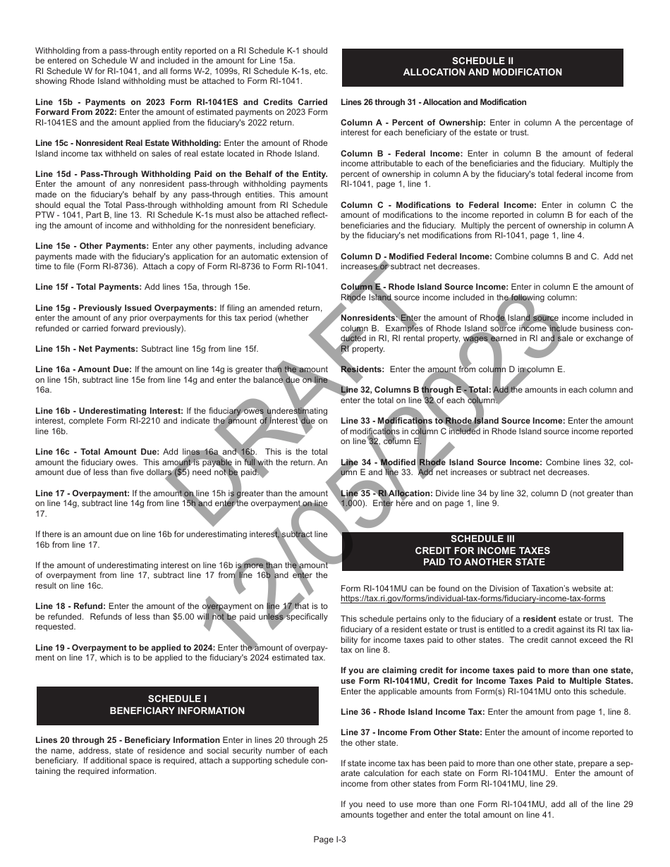 Instructions for Form RI-1041 Fiduciary Income Tax Return - Draft - Rhode Island, Page 3