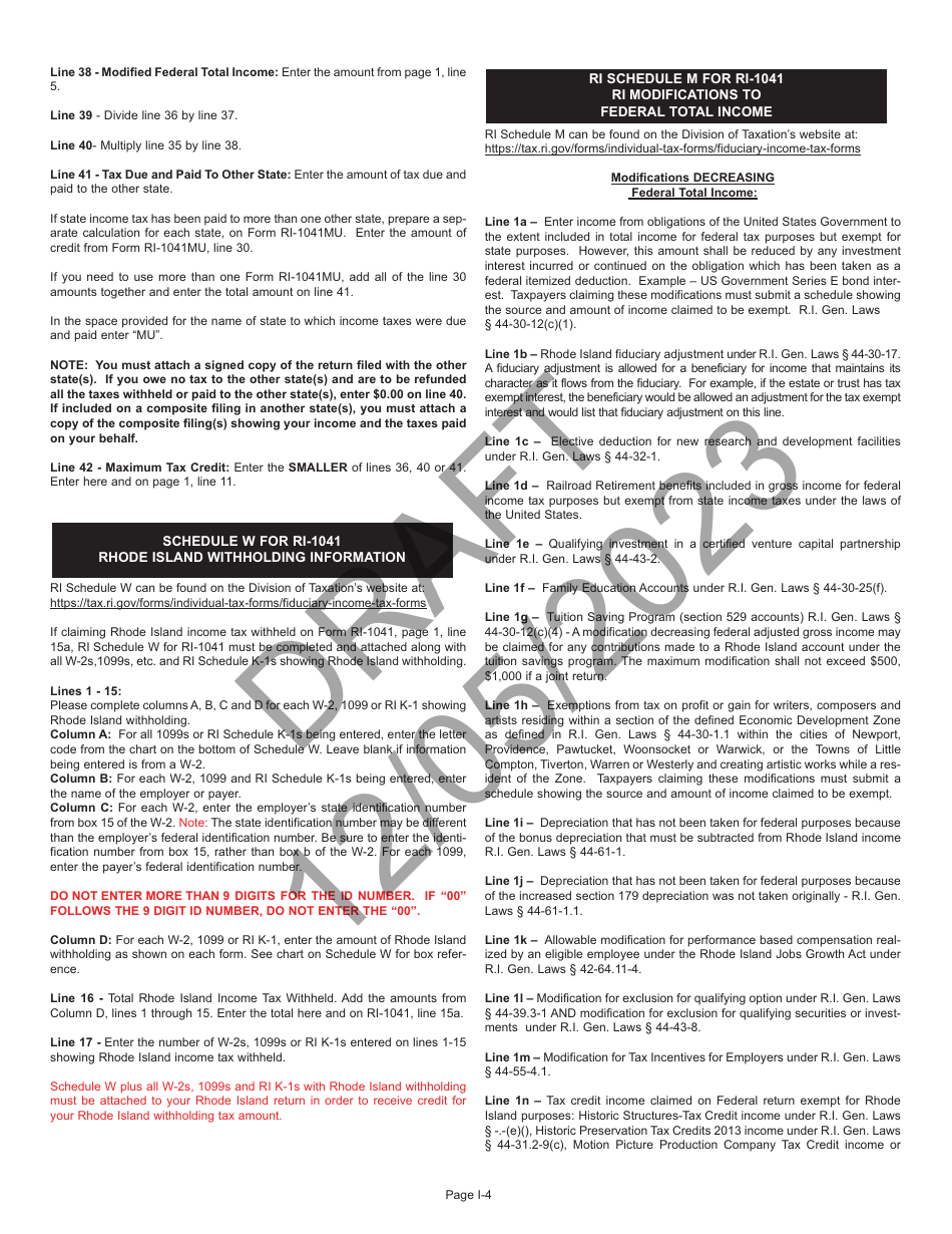 Instructions for Form RI-1041 Fiduciary Income Tax Return - Draft - Rhode Island, Page 4