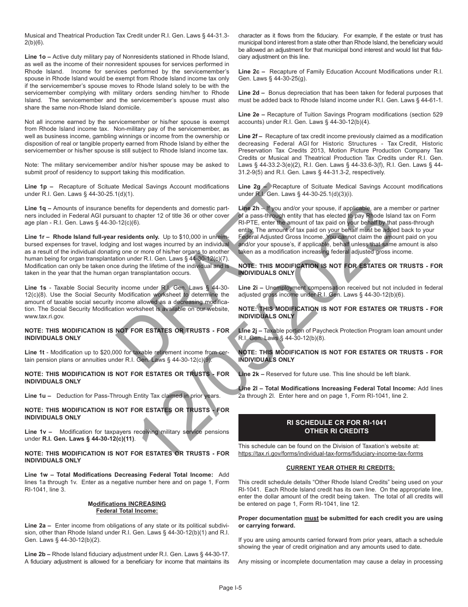 Instructions for Form RI-1041 Fiduciary Income Tax Return - Draft - Rhode Island, Page 5