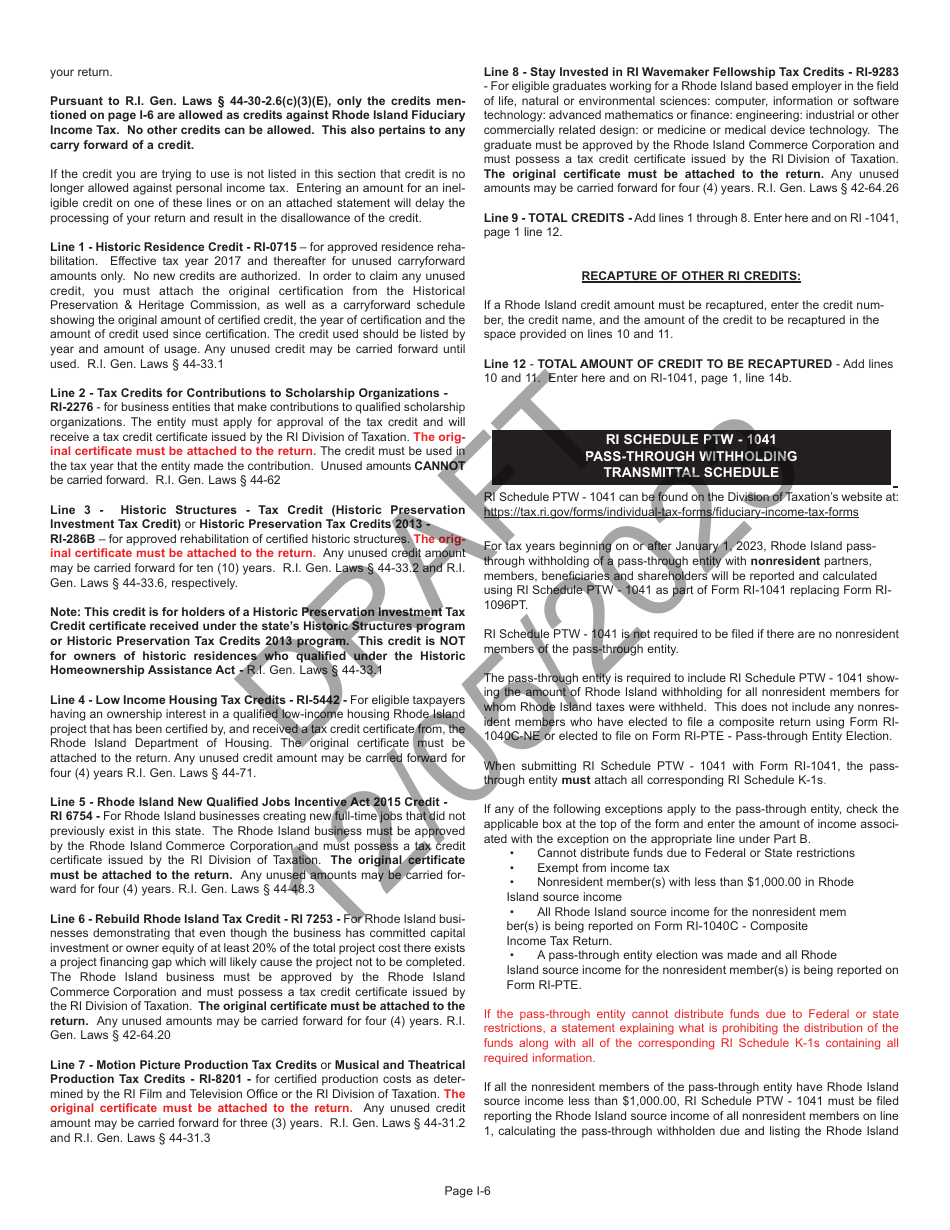 Instructions for Form RI-1041 Fiduciary Income Tax Return - Draft - Rhode Island, Page 6