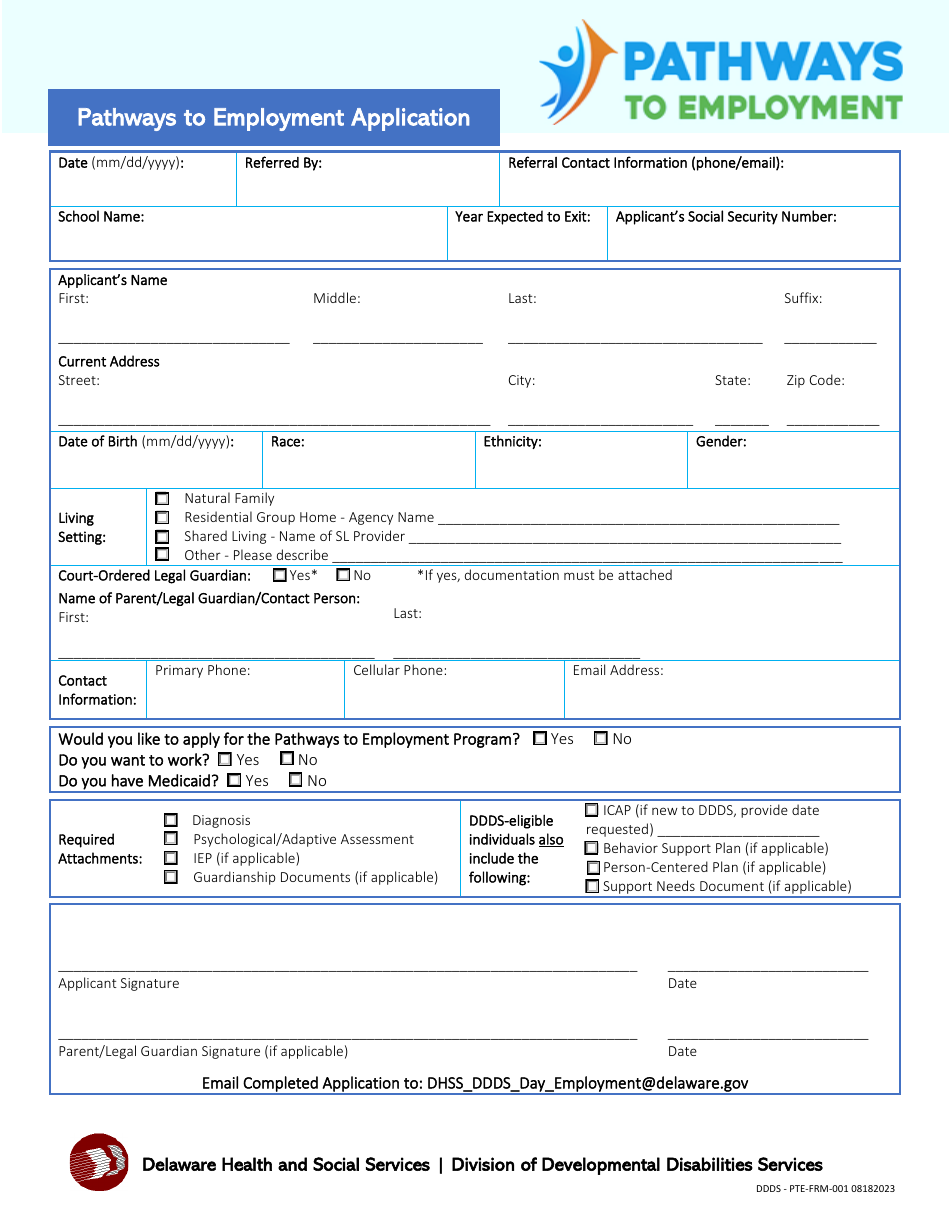 PTE Form 001 Pathways to Employment Application - Delaware, Page 1