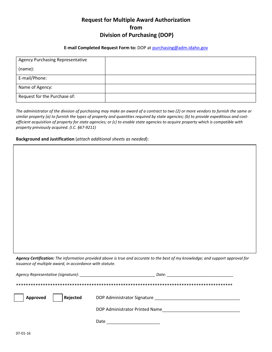 Request for Multiple Award Authorization - Idaho, Page 1