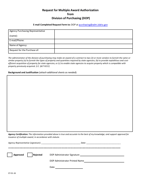 Request for Multiple Award Authorization - Idaho Download Pdf