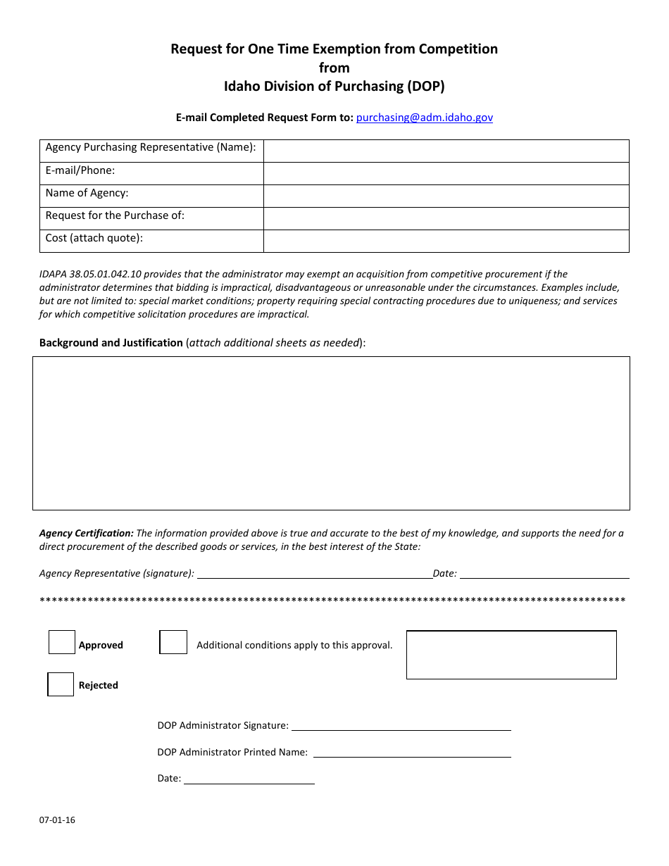 Idaho Request for One Time Exemption From Competition Fill Out, Sign