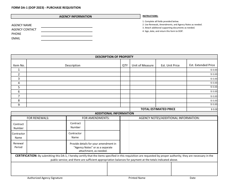 Form DA-1 Purchase Requisition - Idaho