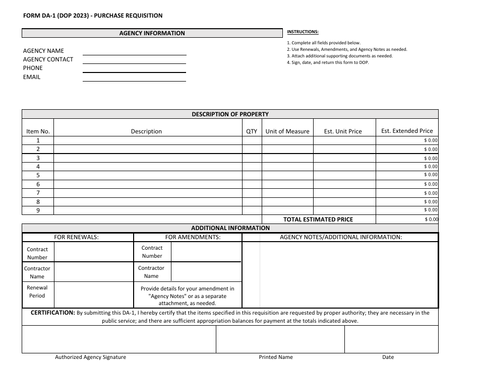 Form DA-1 Download Fillable PDF or Fill Online Purchase Requisition ...