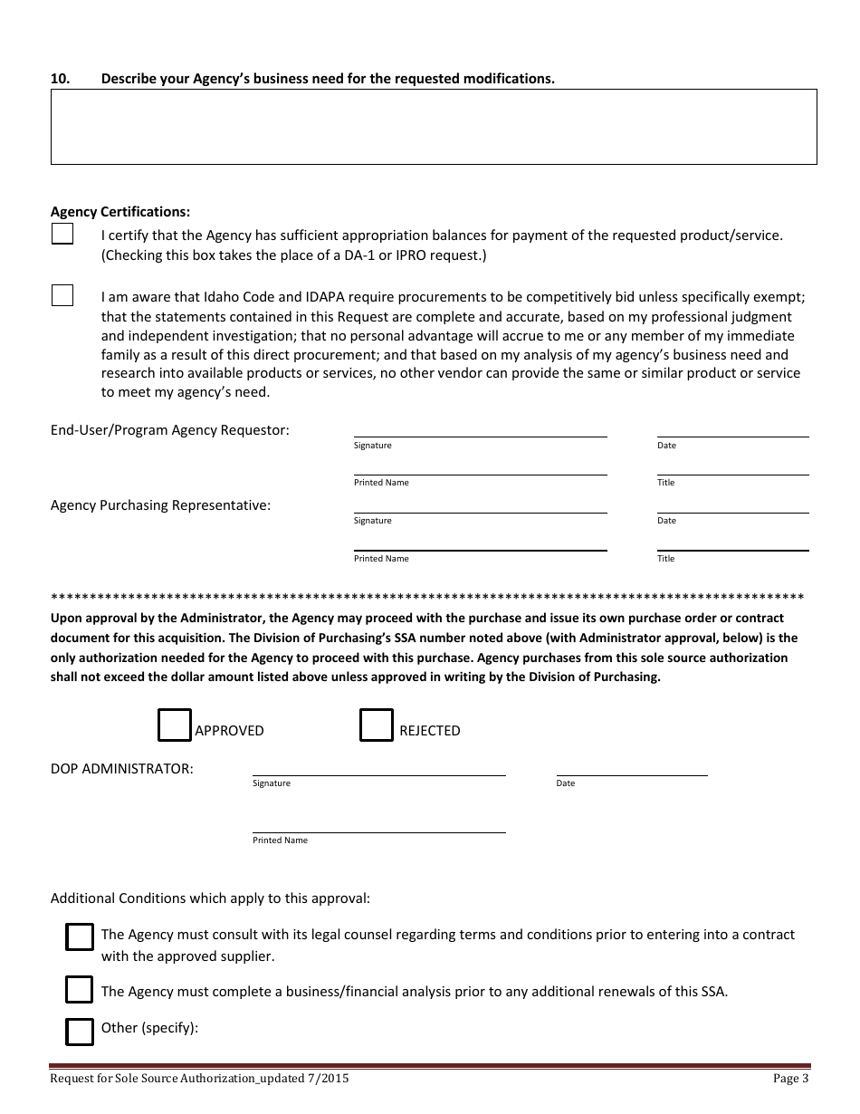 Request for Sole Source Authorization (Ssa) - Idaho, Page 3