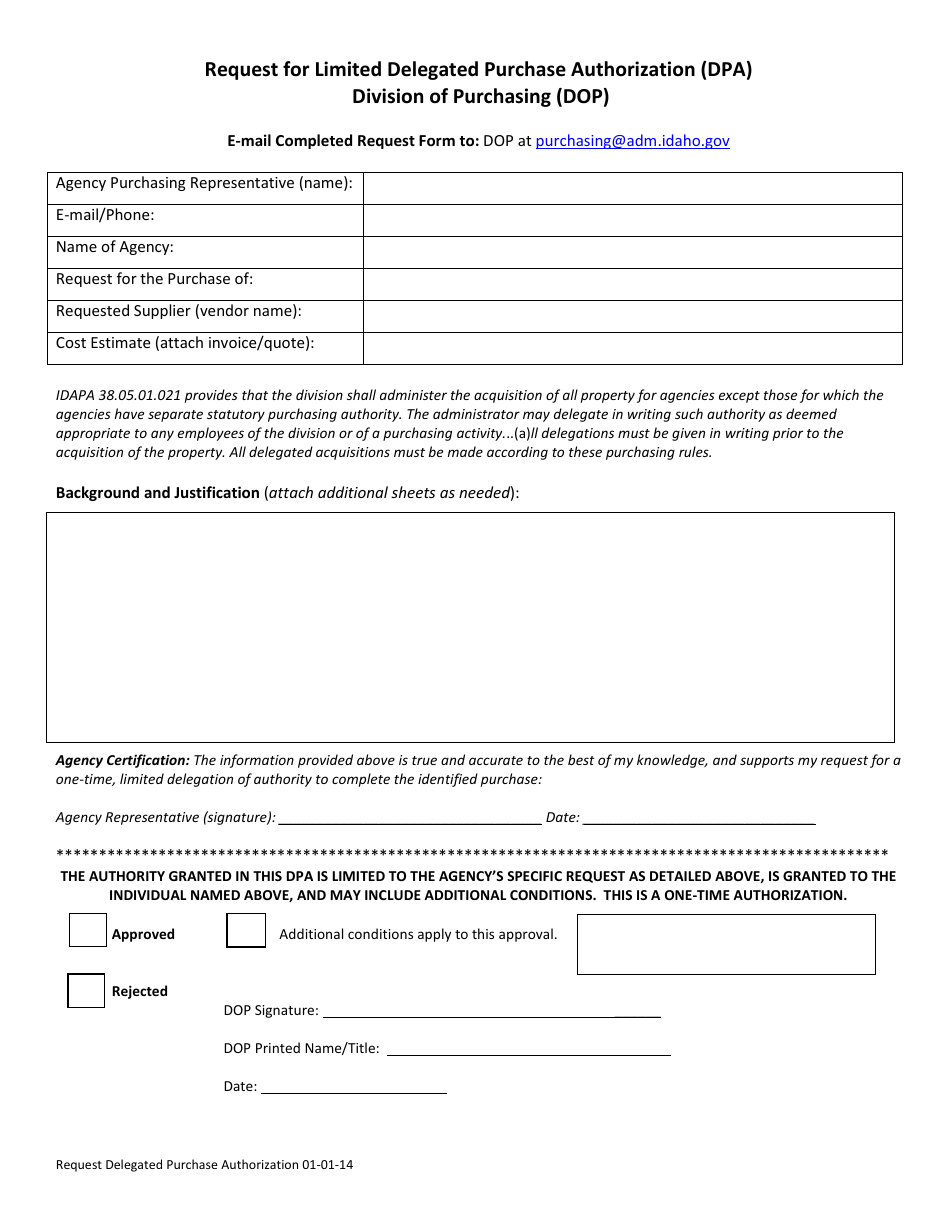Request for Limited Delegated Purchase Authorization (Dpa) - Idaho, Page 1