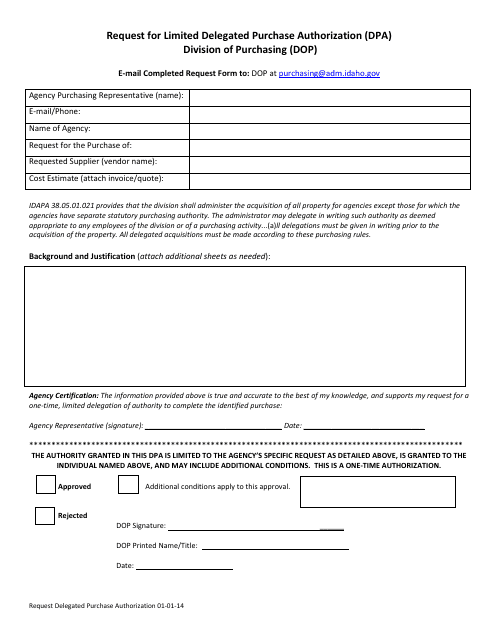 Request for Limited Delegated Purchase Authorization (Dpa) - Idaho Download Pdf