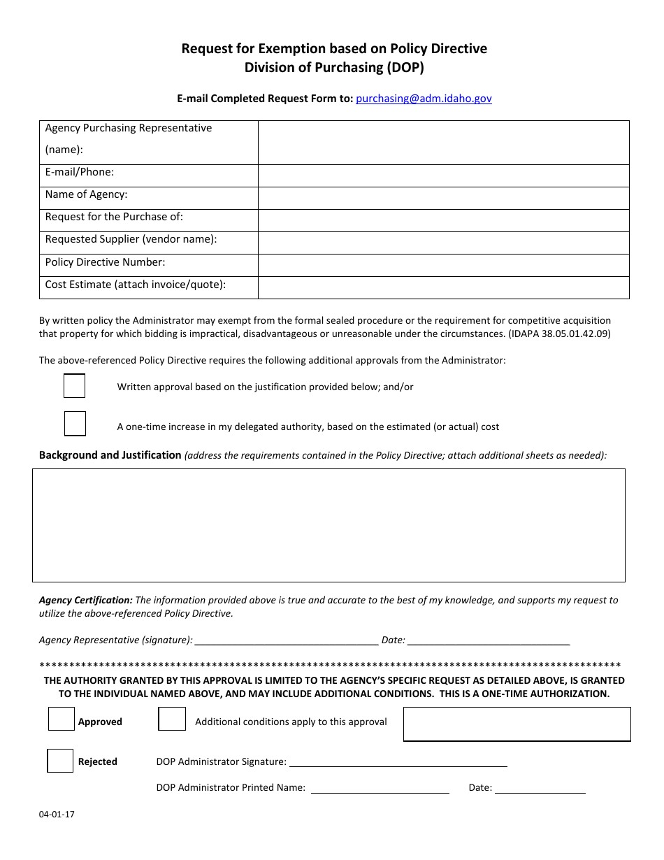 Idaho Request for Exemption Based on Policy Directive - Fill Out, Sign ...