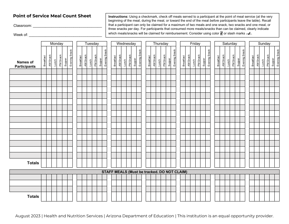 Point of Service Meal Count Sheet - 7-days: All Meals and Snacks - Arizona, Page 1