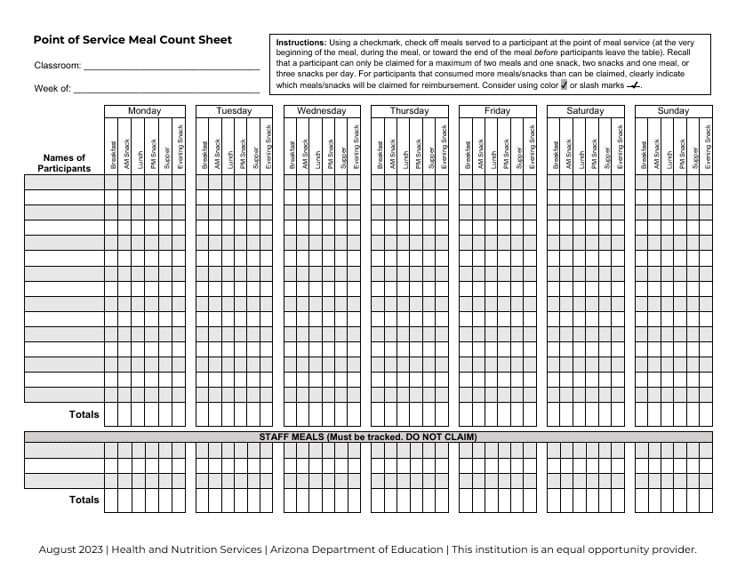 Point of Service Meal Count Sheet - 7-days: All Meals and Snacks - Arizona