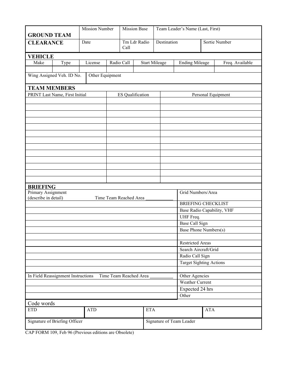 CAP Form 109 Ground Team Clearance, Page 1