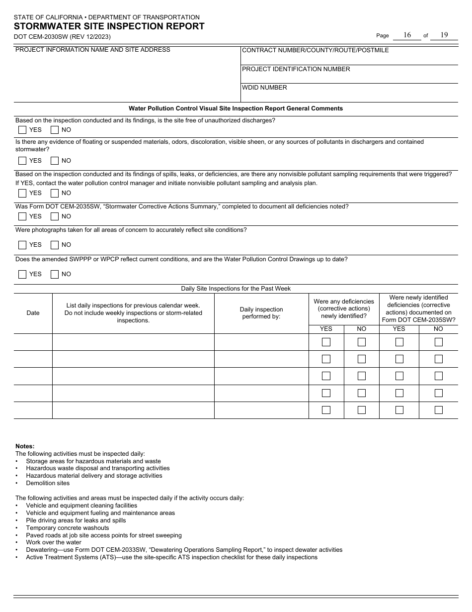 Form DOT CEM-2030SW Stormwater Site Inspection Report - California, Page 16