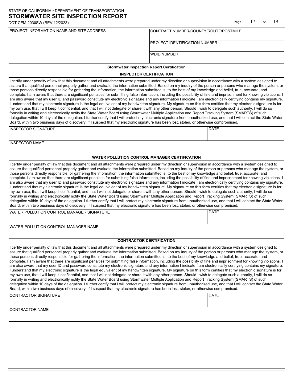 Form DOT CEM-2030SW Stormwater Site Inspection Report - California, Page 17