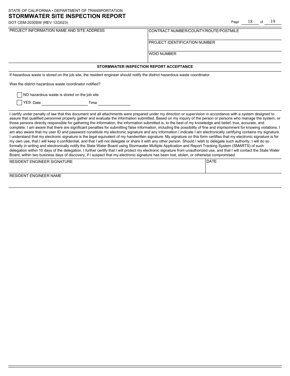 Form DOT CEM-2030SW Stormwater Site Inspection Report - California, Page 18
