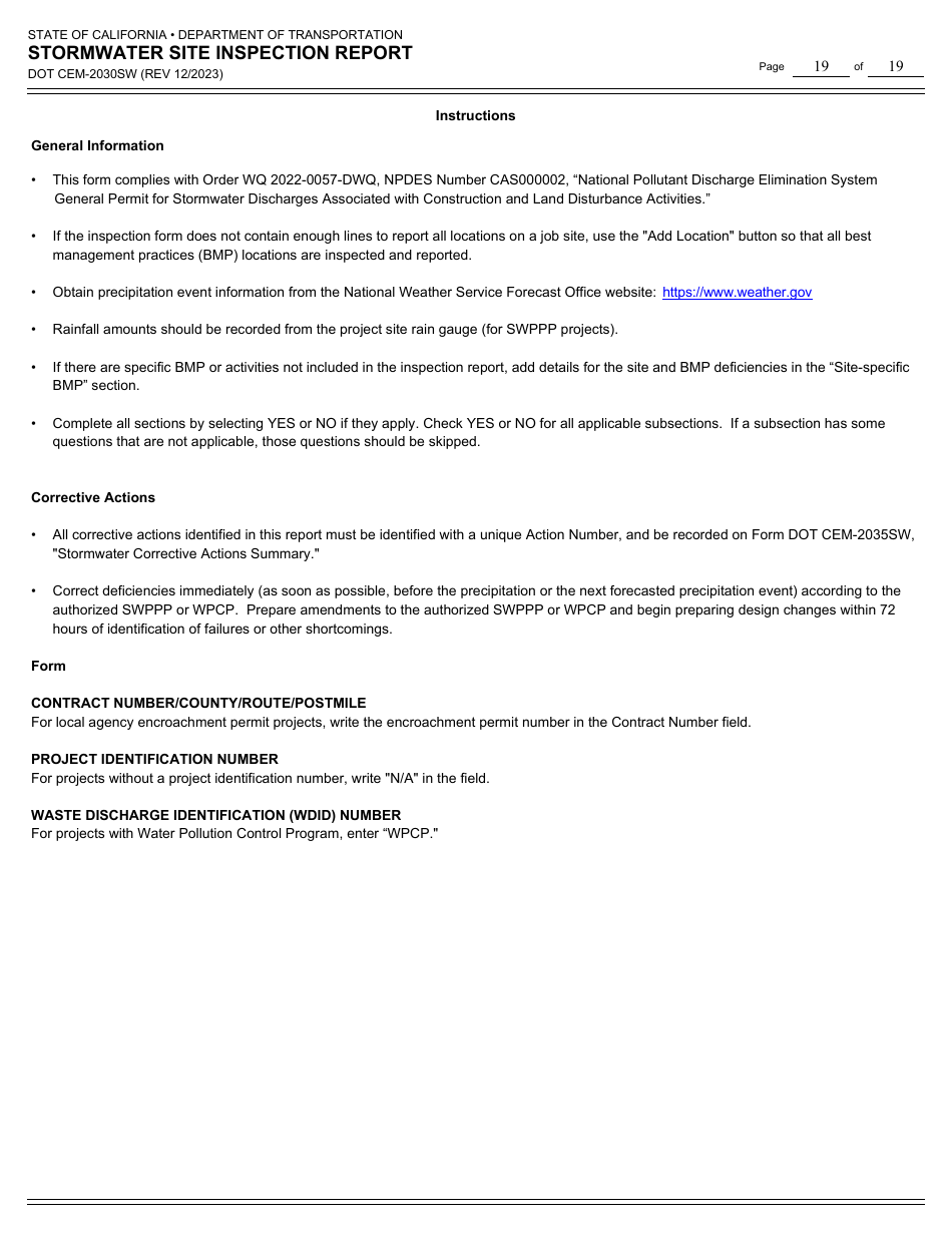 Form DOT CEM-2030SW Stormwater Site Inspection Report - California, Page 19