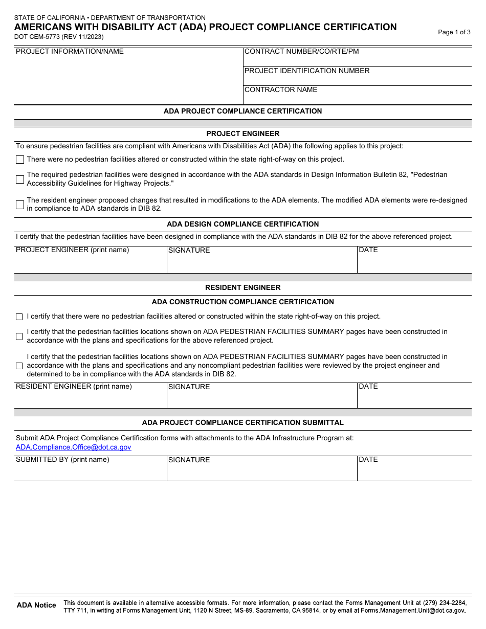 Form DOT CEM-5773 Americans With Disability Act (Ada) Project Compliance Certification - California, Page 1