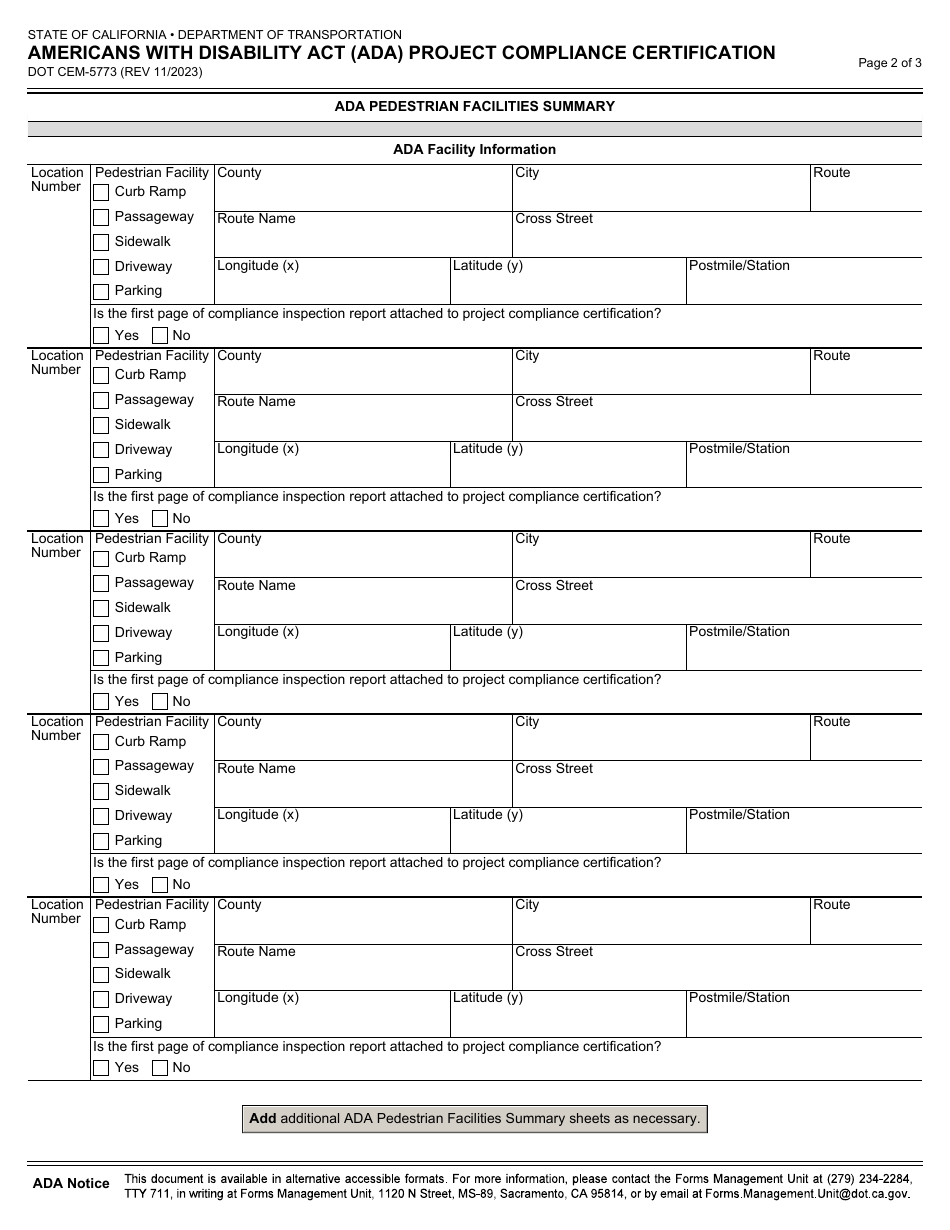 Form DOT CEM-5773 Americans With Disability Act (Ada) Project Compliance Certification - California, Page 2