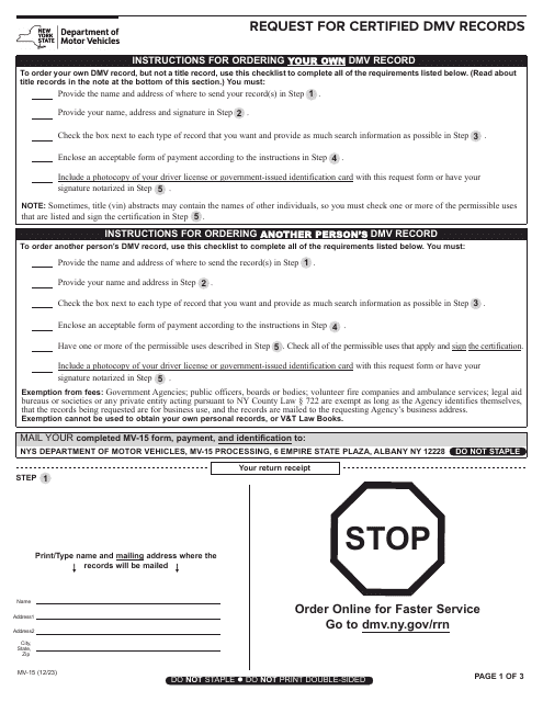 Form MV-15 Request for Certified DMV Records - New York